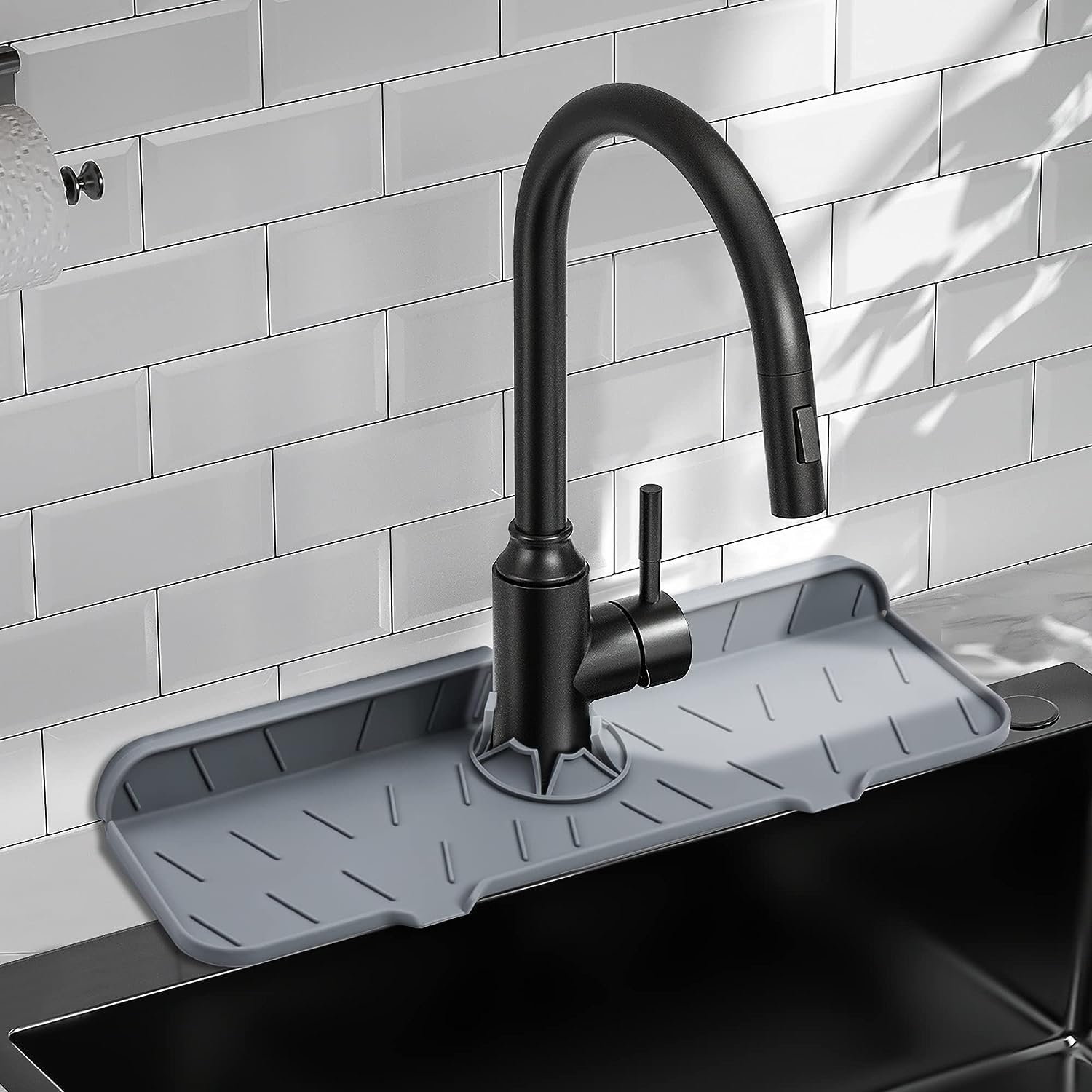 Silicone Sink Splash Protector - Grey Faucet Mat with Holder